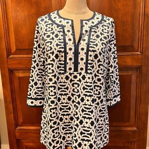 GRETCHEN SCOTT Navy/White split neck tunic Rio Gio - Size Large